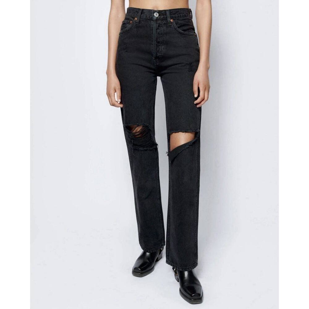 RE/DONE 90's High Rise Loose Distressed Rigid Jeans Faded Black With Rip Size 23
